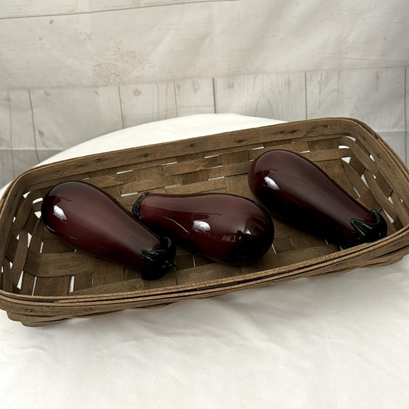 Art Glass Handblown Eggplants in Woven Flat Stake Basket - Picture 1 of 9